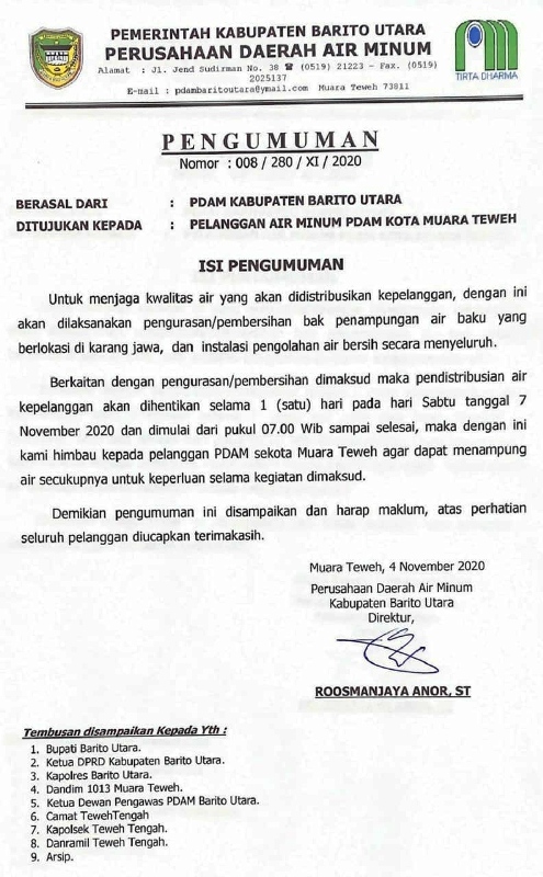 Besok, Distribusi Air Bersih di Kota Muara Teweh Dihentikan Selama 1 Hari