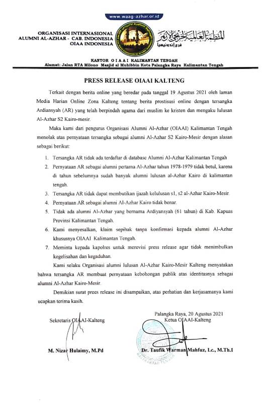 Organisasi Alumni Al-Azhar Kalteng Bantah Pengakuan Tersangka Kasus Prostitusi Online Terkait Lulusan S2 Kairo Mesir
