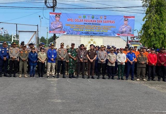 Polres Barsel Gelar Apel Pasukan dan Sarpras Kesiapan Penanggulangan Karhutla serta Antisipasi Fenomena El Nino ‘Godzilla’